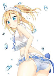 Rule 34 | 10s, 1girl, adjusting clothes, adjusting swimsuit, artist request, ass, ayase eli, bikini, blonde hair, blue eyes, blush, cameltoe, crop top, frilled bikini, frills, from behind, long hair, looking at viewer, looking back, love live!, love live! school idol project, natsuiro egao de 1 2 jump!, open mouth, ponytail, simple background, solo, swimsuit, trefoil, water drop, white background