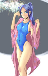 Rule 34 | 00s, 1girl, aerial fireworks, aono miki, bad id, bad pixiv id, blue eyes, blue hair, breasts, cameltoe, competition swimsuit, covered erect nipples, fireworks, fresh precure!, highleg, highleg swimsuit, japanese clothes, kimono, long hair, matching hair/eyes, md5 mismatch, medium breasts, one-piece swimsuit, open clothes, open shirt, pink kimono, ponytail, precure, saitou (sugarsa10), shirt, solo, swimsuit, yukata