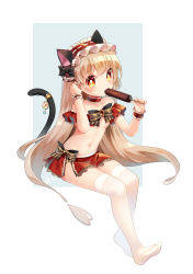 Rule 34 | 1girl, animal ears, bad id, bad pixiv id, bare shoulders, blonde hair, blush, bow, breasts, brooch, cat ears, cat tail, choker, collarbone, fake animal ears, food, hairband, heart, highres, jewelry, long hair, looking at viewer, mvv, navel, original, popsicle, red eyes, simple background, sitting, small breasts, solo, tail, tail ornament, thighhighs, underboob, very long hair, white thighhighs, wrist cuffs
