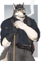 Rule 34 | 1boy, 617foreverwithy, animal ears, bara, bicep strap, black gloves, cigar, claws, clenched hands, commentary, cue stick, echo project, english commentary, facial hair, furry, furry male, gloves, goatee, highres, holding cue stick, kane (the smoke room), looking at viewer, male focus, pawpads, smile, smoke, smoking, tail, the smoke room, wolf boy, wolf ears, wolf tail