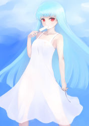 Rule 34 | 1girl, absurdres, blue hair, dress, food, highres, johan (johan13), kula diamond, long hair, looking at viewer, popsicle, red eyes, see-through silhouette, sleeveless, sleeveless dress, snk, solo, sundress, the king of fighters, very long hair, white dress