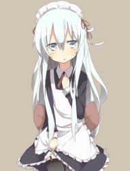 Rule 34 | 10s, 1girl, alternate costume, apron, black thighhighs, blue eyes, blush, brown background, clothes lift, dress, dress lift, garter straps, hat, hibiki (kancolle), kantai collection, long hair, long sleeves, looking at viewer, maid apron, maid headdress, nonono (mino), personification, silver hair, solo, thighhighs