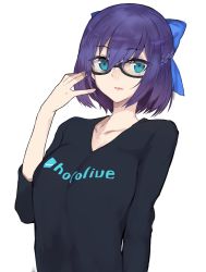 Rule 34 | 1girl, a-chan (hololive), adjusting eyewear, alternate breast size, black-framed eyewear, black shirt, blue bow, blue eyes, bow, braid, breasts, commentary, copyright name, french braid, glasses, hair between eyes, hair bow, highres, hololive, large breasts, logo, looking at viewer, ohkuro marimo, parted lips, purple hair, shirt, short hair, short sleeves, simple background, solo, t-shirt, upper body, virtual youtuber, white background