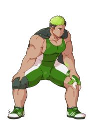 Rule 34 | 1boy, bara, black hair, bulge, dark-skinned male, dark skin, facial hair, full body, gluteal fold, goatee, green hair, ikusaba daisuke, kaniharu, knee pads, large pectorals, male focus, multicolored hair, muscular, muscular male, pectoral cleavage, pectorals, short hair, sideburns, sidepec, solo, standing, stretching, taurus mask, thick thighs, thighs, tokyo houkago summoners, two-tone hair, wrestling outfit