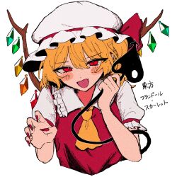 Rule 34 | 1girl, ascot, blonde hair, blush, character name, collared shirt, copyright name, crystal, fang, fingernails, flandre scarlet, frilled shirt collar, frills, hagiwara (mgmg ohagi), hair between eyes, hat, highres, laevatein (touhou), long fingernails, long hair, mob cap, nail polish, one side up, open mouth, red eyes, red nails, red vest, sharp fingernails, shirt, short sleeves, simple background, skin fang, smile, solo, touhou, upper body, vest, white background, white hat, white shirt, wings, yellow ascot