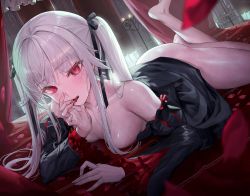 Rule 34 | 1girl, absurdres, bishoujo mangekyou: norowareshi densetsu no shoujo, bishoujo mangekyou (series), black dress, blood, blood on hands, blush, bow, breasts, dress, finger to mouth, hair bow, hair ornament, highres, indoors, long sleeves, looking at viewer, medium breasts, no bra, no panties, off shoulder, open mouth, original, red eyes, twintails, unworn clothes, white hair, yjs0803123