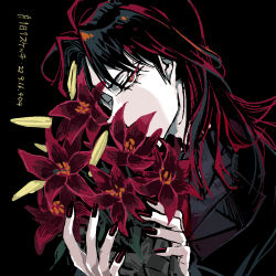 Rule 34 | 1boy, artist name, black background, black hair, black jacket, black nails, black shirt, bouquet, collared shirt, commentary request, dated, fingernails, flower, holding, holding bouquet, ichijou seiya, jacket, kaiji, long hair, long sleeves, looking at viewer, male focus, medium bangs, red eyes, red flower, red hair, shirt, simple background, solo, unknown03162, upper body