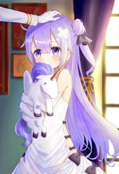 Rule 34 | 1girl, azur lane, bare shoulders, blush, bow, commander (azur lane), commentary, detached sleeves, dress, eyes visible through hair, gloves, hair between eyes, hair bun, hand on another&#039;s head, headpat, light purple hair, long hair, hugging object, omelet tomato, one side up, purple eyes, single hair bun, solo focus, stuffed animal, stuffed toy, stuffed unicorn, stuffed winged unicorn, tears, unicorn (azur lane), white dress, white gloves
