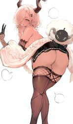Rule 34 | 1girl, absurdres, animal, ass, azur lane, bare shoulders, bent over, black gloves, black skirt, black thighhighs, blonde hair, braid, brown horns, cardigan, dark-skinned female, dark skin, earrings, elbow gloves, fishnet gloves, fishnets, from behind, gloves, grin, hair ornament, hairclip, highres, horns, jewelry, koio, large horns, looking at viewer, looking back, microskirt, mole, mole under mouth, one eye covered, owari (azur lane), pleated skirt, ribbed cardigan, sheep, skirt, smile, solo, standing, thighhighs, thighs, twin braids, yellow eyes