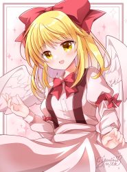 Rule 34 | 1girl, angel wings, bow, bowtie, buttons, commentary request, cowboy shot, feathered wings, gengetsu (touhou), hair bow, highres, juliet sleeves, long sleeves, pink shirt, pink skirt, puffy sleeves, red bow, red bowtie, red ribbon, ribbon, shirt, short hair, skirt, solo, suspender skirt, suspenders, touhou, touhou (pc-98), upper body, white wings, wings, yellow eyes, yurufuwa milk