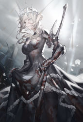 1girl absurdres ajirui au_ra warrior_of_light_(ff14) black_dress black_thighhighs blonde_hair blood blood_on_clothes blood_on_face bloody_weapon blue_eyes breasts building cleavage_cutout clothing_cutout crown dress final_fantasy final_fantasy_xiv gauntlets highres horns long_hair long_sleeves looking_at_viewer medium_breasts open_mouth petals scales skirt_hold skyscraper solo thighhighs weapon