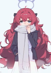 Rule 34 | 1girl, absurdres, ahoge, bilibalakonglijiwa, black jacket, blue archive, blue background, blue eyes, blue halo, blush, closed mouth, commentary request, grey scarf, halo, hand in pocket, highres, iroha (blue archive), jacket, long hair, looking at viewer, red hair, scarf, simple background, skirt, solo, white skirt