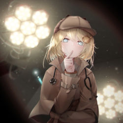 Rule 34 | 1girl, absurdres, backlighting, blonde hair, blue eyes, blurry, blurry background, brown capelet, brown hat, brown jacket, brown skirt, capelet, collared shirt, commentary request, deerstalker, finger to mouth, from below, fugutai ten, grey shirt, hair ornament, hand up, hat, highres, hololive, hololive english, index finger raised, indoors, jacket, long sleeves, looking at viewer, plaid, plaid skirt, shirt, short hair, skirt, solo, stethoscope, upper body, virtual youtuber, watson amelia, watson amelia (1st costume)