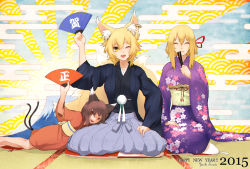 Rule 34 | 3girls, ^ ^, animal ears, blonde hair, breasts, brown eyes, brown hair, cat ears, cat tail, chen, closed eyes, folded fan, ear piercing, earrings, closed eyes, floral print, folding fan, fox mask, fox tail, hand fan, happy new year, highres, japanese clothes, jewelry, kimono, kinketsu, lap pillow, large breasts, long sleeves, lying, mask, multiple girls, multiple tails, nekomata, new year, obi, on stomach, one eye closed, open clothes, open mouth, painting (medium), piercing, sash, single earring, sitting, smile, tail, tatami, touhou, traditional media, watercolor (medium), wide sleeves, yakumo ran, yakumo yukari, yellow eyes