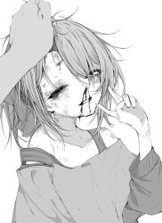 1boy 1girl bare_shoulders bleeding blood blood_on_face bruise bruise_on_face bruise_on_neck grabbing_another&#039;s_hair greyscale half-closed_eyes highres injury looking_at_viewer medium_hair monochrome mushoku_loli mushoku_loli_(character) nosebleed off-shoulder_shirt off_shoulder one_eye_closed original ryona shirt simple_background solo_focus tearing_up v