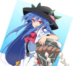 Rule 34 | 1girl, :d, black headwear, blue background, blue hair, bow, bowtie, center frills, collarbone, food, frills, fruit, gradient background, highres, hinanawi tenshi, ichimura kanata, keystone, leaf, long hair, looking at viewer, one-hour drawing challenge, open mouth, peach, red bow, red bowtie, red eyes, rope, short sleeves, smile, solo, touhou, upper body
