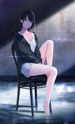Rule 34 | 1girl, bare legs, barefoot, black hair, black jacket, bob cut, breasts, chair, collarbone, commentary, dress, english commentary, feet on chair, full body, head tilt, highres, indoors, jacket, knee up, long sleeves, looking at viewer, nayuta69, original, parted lips, short dress, sitting, sleeveless, sleeveless dress, small breasts, solo, swept bangs, tile floor, tile wall, tiles, wall, wet, wet hair