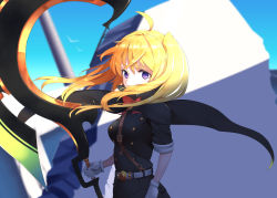 Rule 34 | 1girl, absurdres, ahoge, belt, black cape, blonde hair, bow, bowtie, breasts, cape, floating hair, gloves, highres, holding, holding weapon, long hair, looking at viewer, medium breasts, military, military uniform, owari no seraph, purple eyes, red bow, red bowtie, sanguu mitsuba, shiro ami, solo, standing, twintails, uniform, upper body, weapon, white gloves