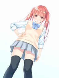 Rule 34 | 1girl, black thighhighs, blue bow, blue bowtie, bow, bowtie, from below, grey skirt, hand on own hip, highres, long hair, nayuta69, original, parted lips, red eyes, red hair, school uniform, skirt, solo, sweater vest, thighhighs, twintails, zettai ryouiki