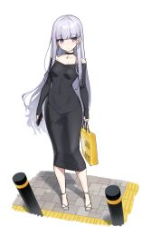 1girl ayatsuno_yuni bag black_choker black_dress blunt_bangs blush bollard breasts choker commentary_request covered_navel dev_(dev0614) dongtan_dress dress earrings high_heels highres holding holding_bag holding_phone jewelry long_hair long_sleeves looking_to_the_side meme_attire off-shoulder_dress off_shoulder parted_lips pencil_dress phone purple_eyes shopping_bag sidewalk simple_background small_breasts solo stellive traffic_barrier very_long_hair white_background white_footwear white_hair