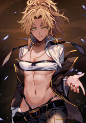 Rule 34 | 1girl, artist name, bandeau, belt, blonde hair, breasts, chain, clothes pull, commentary request, dark background, fate/grand order, fate (series), gold chain, green eyes, hand up, jacket, jewelry, long sleeves, looking at viewer, loose belt, loose pants, march ab, medium breasts, mordred (fate), mordred (fate/apocrypha), nail polish, navel, necklace, open clothes, open jacket, pants, pants pull, ponytail, red nails, sidelocks, smile, solo, upper body