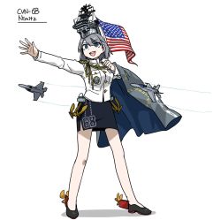 Rule 34 | 1girl, aiguillette, american flag, anchor, anyan (jooho), bad id, bad twitter id, black footwear, black skirt, blue eyes, buttons, cape, commentary request, f-18 hornet, grey cape, grey hair, headgear, high collar, highres, korean commentary, long sleeves, mecha musume, miniskirt, open mouth, original, pencil skirt, shirt, shoes, short hair, simple background, skirt, smile, solo, standing, teeth, united states navy, white background, white shirt