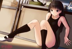 Rule 34 | 1girl, amagami, anniversary, ass, ayatsuji tsukasa, black eyes, black hair, black one-piece swimsuit, black socks, box, canister, cardboard box, collarbone, commentary, copyright name, eyepiece, irodori-classical, jar, kneehighs, knees together feet apart, knees up, light smile, long hair, looking at viewer, on ground, one-piece swimsuit, photo (object), raised eyebrows, shelf, shoes, sitting, smile, socks, solo, swimsuit, translated, tray, uwabaki