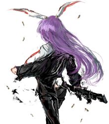Rule 34 | 1girl, alternate costume, animal ears, assault rifle, black jacket, black pants, bullet, cowboy shot, facing away, formal, from behind, gun, holding, holding gun, holding weapon, jacket, long hair, long sleeves, necktie, off shoulder, pant suit, pants, purple hair, rabbit ears, rabbit tail, red necktie, reisen udongein inaba, rifle, shirt, solo, sparkle71059204, suit, tail, touhou, very long hair, walking, weapon, white background, white shirt