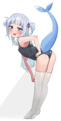 Rule 34 | 1girl, alternate costume, ass, bare arms, bare shoulders, bent over, blue eyes, blue hair, blunt bangs, blush, commentary, english commentary, fins, fish tail, from side, full body, gawr gura, grey one-piece swimsuit, hair ornament, hand on own hip, highres, hololive, hololive english, long hair, looking at viewer, multicolored hair, one-piece swimsuit, open mouth, shark hair ornament, shark tail, sharp teeth, simple background, smile, smirk, solo, standing, swimsuit, tail, teeth, thighhighs, tiptoes, two-tone hair, two side up, upper teeth only, virtual youtuber, white background, white hair, white thighhighs, youyoukai