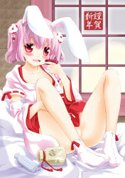 1girl :d absurdres alcohol animal_ears blush censored choko_(cup) convenient_censoring convenient_leg cup detached_sleeves drinking female_focus highres no_panties noto_(soranoto) open_mouth original pink_hair rabbit_ears red_eyes sake short_hair sitting smile socks solo tabi tokkuri