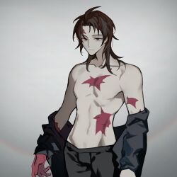 Rule 34 | 1boy, black jacket, black pants, brown hair, burn scar, chinese commentary, closed mouth, collarbone, commentary request, cowboy shot, gradient background, grey background, harada minoru, highres, jacket, jacket partially removed, kyoko (akakikyoko), long hair, male focus, no nipples, pants, red eyes, saibou shinkyoku, sanpaku, scar, scar on arm, scar on chest, scar on face, scar on forehead, scar on hand, scar on stomach, solo, topless male
