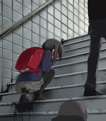 Rule 34 | 1girl, 2boys, backpack, bag, black hair, black pantyhose, blue shirt, blush, brown footwear, crying, ear blush, embarrassed, from behind, full body, grey background, grey skirt, gyahu, highres, long sleeves, miniskirt, multiple boys, nose blush, original, pantyhose, pee, peeing, peeing self, pleated skirt, randoseru, school uniform, shirt, shoes, skirt, solo focus, squatting, stairs, standing, tears, wet, wet clothes