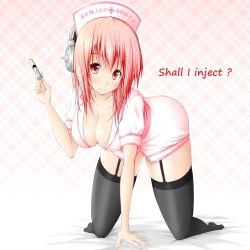 Rule 34 | 1girl, all fours, blush, breasts, cleavage, female focus, gradient background, hat, headphones, large breasts, long hair, looking at viewer, nitroplus, noppi (noppi 98), nurse, nurse cap, pink hair, plaid, plaid background, red eyes, smile, solo, super sonico, syringe, thighhighs
