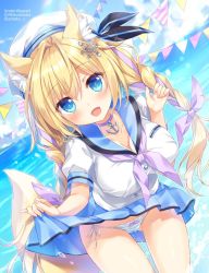 Rule 34 | 1girl, :d, ameto yuki, animal ears, blonde hair, blue eyes, blue sailor collar, blue skirt, blush, bow, braid, breasts, choker, cleavage, clothes lift, collarbone, commentary request, day, fang, hair ornament, hair ribbon, hat, large breasts, leaning forward, lifted by self, long hair, looking at viewer, neckerchief, ocean, open mouth, original, outdoors, panties, pleated skirt, ribbon, sailor collar, sailor hat, school uniform, serafuku, shirt, short sleeves, side-tie panties, skirt, skirt lift, sky, smile, snowflake hair ornament, solo, striped, tail, twitter username, underwear, white shirt