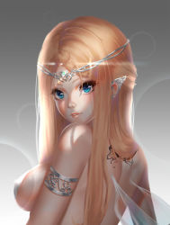 Rule 34 | 1girl, armlet, back, back tattoo, bad id, bad pixiv id, blonde hair, blue eyes, blush, braid, breasts, butterfly tattoo, circlet, earclip, elleco (bcf159), eyeliner, fairy, fairy wings, glint, gradient background, grey background, highres, lens flare, light smile, lips, long hair, looking at viewer, looking to the side, makeup, medium breasts, original, parted lips, shiny skin, sideboob, solo, tattoo, upper body, wings