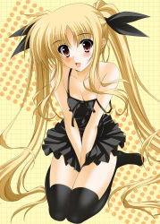 Rule 34 | 1girl, blonde hair, blush, breasts, cleavage, dress, fate testarossa, female focus, full body, highres, kneeling, long hair, lyrical nanoha, mahou shoujo lyrical nanoha, mahou shoujo lyrical nanoha a&#039;s, oda ken&#039;ichi, open mouth, red eyes, ribbon, solo, thighhighs, twintails