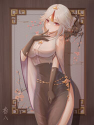 Rule 34 | 1girl, absurdres, alternate costume, black gloves, breasts, cape, commentary request, genshin impact, gloves, grey hair, hair ornament, high-waist skirt, highres, juuhachi kin (anthonyy1821), large breasts, light smile, long skirt, looking at viewer, ningguang (genshin impact), ningguang (pizza hut) (genshin impact), red eyes, shirt, side slit, skirt, solo, tassel, tassel hair ornament, white cape, white shirt