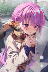Rule 34 | 1girl, ahoge, blue eyes, blue hair, blush, braid, brown scarf, can, commentary request, day, hands up, highres, holding, holding can, hololive, jacket, long hair, long sleeves, looking away, minato aqua, multicolored hair, nail polish, outdoors, own hands clasped, own hands together, parted lips, purple eyes, purple hair, scarf, solo focus, standing, streaked hair, summer tail720, upper body, very long hair, virtual youtuber, white jacket