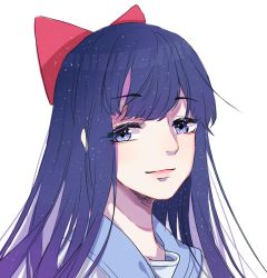 Rule 34 | 10s, 1girl, blue eyes, blue hair, bow, commentary request, ears visible through hair, hair bow, highres, looking at viewer, pipimi, poptepipic, portrait, red bow, school uniform, serafuku, simple background, smile, solo, swept bangs, white background