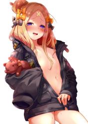 Rule 34 | 1girl, abigail williams (fate), abigail williams (traveling outfit) (fate), alternate hairstyle, bandaid, bandaid on face, bandaid on forehead, belt, bitou (bitoumaturi), black bow, black jacket, blonde hair, blue eyes, blush, bow, breasts, coat, collarbone, crossed bandaids, exhibitionism, fate/grand order, fate (series), forehead, hair bow, hair bun, heroic spirit traveling outfit, high collar, highres, holding, holding stuffed toy, jacket, long hair, long sleeves, looking at viewer, naked coat, navel, nipples, official alternate costume, open clothes, open jacket, open mouth, orange bow, parted bangs, polka dot, polka dot bow, public indecency, simple background, single hair bun, sleeves past fingers, sleeves past wrists, small breasts, smile, solo, stuffed animal, stuffed toy, sweat, teddy bear, white background