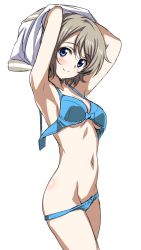 Rule 34 | 10s, 1girl, armpits, arms up, blue bra, blue eyes, blue panties, bra, breasts, cleavage, light brown hair, love live!, love live! sunshine!!, medium breasts, navel, open bra, panties, panty pull, sankuro (agoitei), simple background, smile, solo, swept bangs, underboob, underwear, undressing, watanabe you, white background