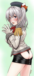 Rule 34 | 10s, 1girl, artist name, ass, ass cutout, blue eyes, blush, clothing cutout, epaulettes, gloves, hat, highres, kantai collection, kashima (kancolle), kuroishi ringo, lipstick, looking at viewer, looking to the side, makeup, miniskirt, silver hair, skirt, smile, solo, spanking skirt, thong, twintails