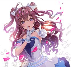 Rule 34 | 10s, 1girl, absurdres, ahoge, armpits, blue eyes, bow, bracelet, brown hair, choker, dress, dutch angle, finger to mouth, gloves, hair bow, highres, ichinose shiki, idolmaster, idolmaster cinderella girls, idolmaster cinderella girls starlight stage, index finger raised, jewelry, long hair, looking at viewer, petals, simple background, solo, strapless, strapless dress, teffish, two side up, white background, white bow, white gloves