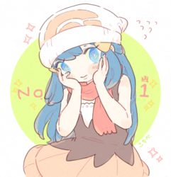 Rule 34 | 1girl, beanie, black tank top, blue eyes, blue hair, closed mouth, creatures (company), dark blue hair, dawn (pokemon), flying sweatdrops, game freak, hair ornament, hands on own face, hands up, hat, katiko, lowres, nintendo, no nose, pink skirt, pokemon, pokemon dppt, red scarf, scarf, skirt, smile, sparkle, tank top, white headwear