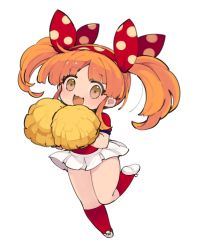 Rule 34 | 1girl, :d, brown eyes, chibi, fang, full body, hair ribbon, hairband, highres, holding, kneehighs, looking at viewer, mota, open mouth, orange hair, original, parted bangs, pleated skirt, polka dot, polka dot hairband, polka dot ribbon, pom pom (cheerleading), red hairband, red ribbon, red shirt, red socks, ribbon, shirt, shoe soles, shoes, short sleeves, simple background, skirt, smile, socks, solo, twintails, white background, white footwear, white skirt