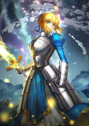 Rule 34 | 1girl, absurdres, ahoge, armor, armored dress, artoria pendragon (fate), blonde hair, dress, excalibur (fate/stay night), ezedin, fate/stay night, fate (series), gauntlets, glowing, glowing sword, glowing weapon, green eyes, highres, saber (fate), solo, sword, weapon, zhang ding