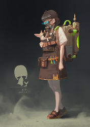 Rule 34 | 1girl, animal, antenna hair, arm at side, backpack, bag, belt, braid, brown dress, brown footwear, brown hair, buckle, clenched hand, commentary request, dated, dress, dust cloud, fennec fox, fox, full body, gas mask, glowing, goggles, highres, long hair, mask, original, overall skirt, oxygen mask, pantyhose, pouch, shirt, shoes, short sleeves, signature, standing, steampunk, tank (container), test tube, tube, twin braids, twintails, walking, white pantyhose, white shirt, xiaobanbei milk