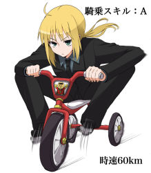 Rule 34 | 1girl, ahoge, anpanman, anpanman (character), artoria pendragon (all), artoria pendragon (fate), b-cat, bar censor, blonde hair, censored, fate/stay night, fate/zero, fate (series), formal, green eyes, jewelry, long hair, motion blur, necktie, pant suit, pants, partially translated, ponytail, saber (fate), simple background, solo, suit, translation request, tricycle, white background