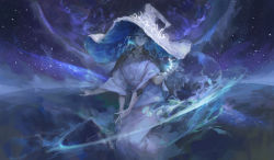 Rule 34 | 1girl, absurdres, blue hair, blue theme, closed mouth, cracked skin, dress, elden ring, extra arms, extra faces, hat, highres, interlocked fingers, long dress, long hair, long sleeves, looking at viewer, magic, one eye closed, ranni the witch, sky, solo, star (sky), starry sky, white hat, wide sleeves, witch hat, world (1257843324)