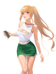 Rule 34 | 1girl, absurdres, alternate costume, barbell piercing, bare legs, bare shoulders, blonde hair, breasts, casual, cellphone, cleavage, cleavage cutout, clothing cutout, crop top, ear piercing, fake nails, fingernails, green skirt, highres, holding, holding phone, hongcasso, industrial piercing, kitagawa marin, large breasts, long hair, looking at viewer, midriff, miniskirt, mole, mole on breast, navel, parted lips, pencil skirt, phone, piercing, pink eyes, pink lips, ponytail, shirt, sidelocks, simple background, skirt, sleeveless, sleeveless shirt, smartphone, solo, sono bisque doll wa koi wo suru, teeth, thighs, very long hair, white background, white shirt, zipper, zipper pull tab